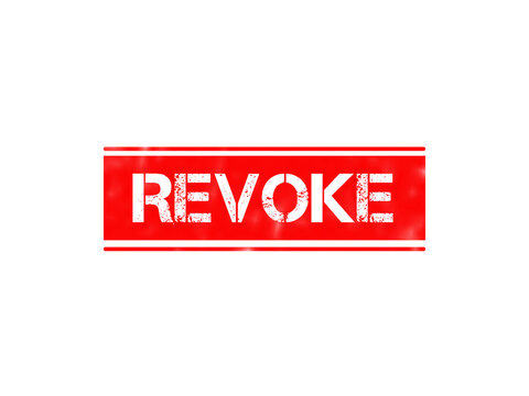 A rectangular red stamp with the word revoke in white distressed stencil font centered on a solid black background, for status notification isolated on a transparent background