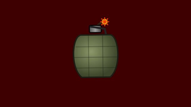 Grenade cartoon animation with lit fuse on dark red background