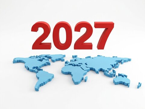 The year 2027 is depicted above a stylized blue world map, symbolizing global events or future projections.