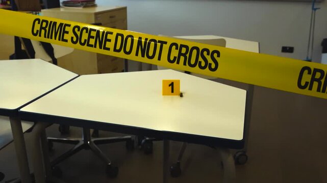 Classroom cordoned off with yellow police tape after a shooting. A bullet casing lies on a desk next to an evidence marker, symbolizing the serious issue of school violence and safety