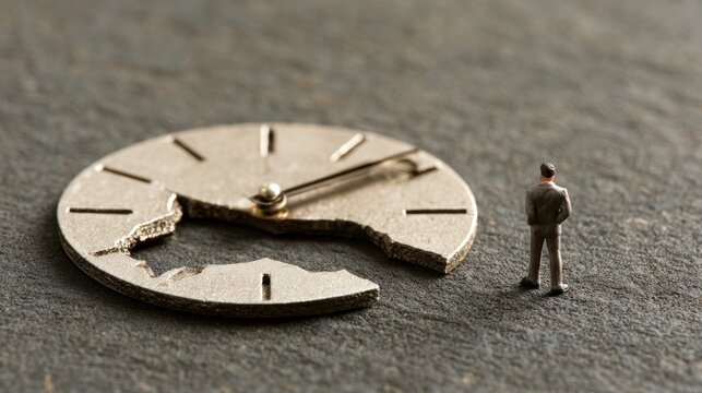 Standing beside a broken clock, a person symbolizes deadline stress, lost time, emotional pressure, regret, and challenges in managing responsibilities.
