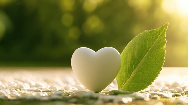Heart and green leaf imagery represents environmental wellbeing, healthy lifestyles, natural care, and the positive relationship between people and nature.
