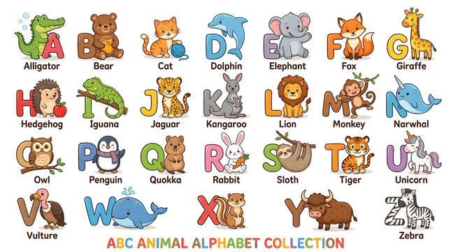 Cute A to Z animal alphabet collection vector illustration set with friendly cartoon characters and English letter names isolated on white background