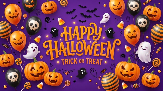 An orange and yellow "HAPPY HALLOWEEN" message is surrounded by pumpkins, ghosts, and bats, plus orange, black and white skull balloons on a purple background.