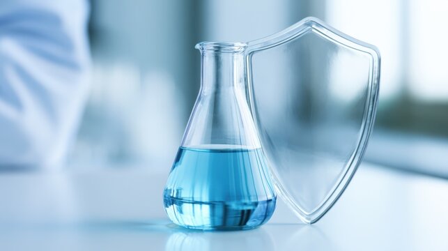 A medical flask beside a protective shield highlights laboratory safety, controlled research, healthcare protection, secure testing, and responsible experimentation.
