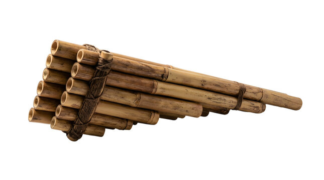 Wooden pan flute isolated on white background, perfect for Andean music and instrument design projects, and creative projects, high quality visuals, modern branding needs, advertising