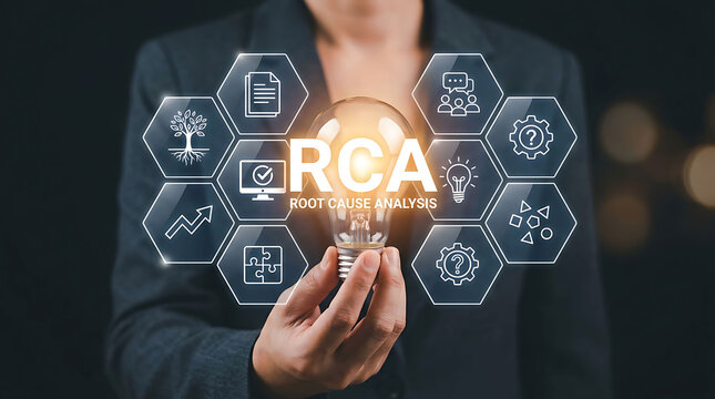Professional holding glowing lightbulb with root cause analysis RCA icons