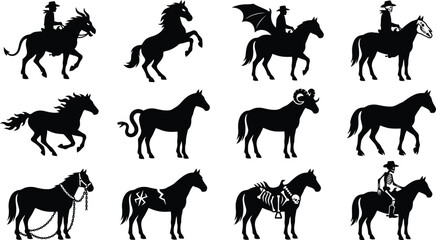 Obraz premium Collection of black and white horse silhouettes featuring various poses, riders, skeletons, supernatural creatures, and western motifs