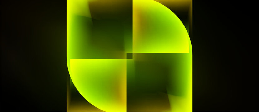 Abstract geometric design. Bright green, yellow hues blend, forming quarter circles. Dark background emphasizes glowing central point.
