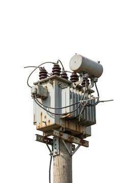 Weathered electrical transformer on wooden utility pole isolated on transparent background