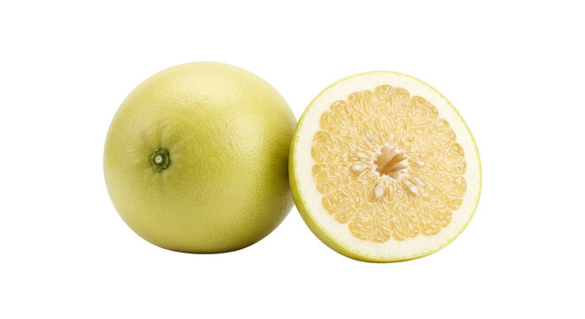Fresh whole and sliced sweet pomelo citrus fruit isolated on transparent background