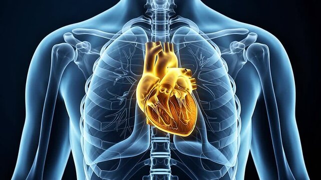 3D medical animation of a beating golden human heart inside a translucent blue anatomical torso showing the ribcage and circulatory system