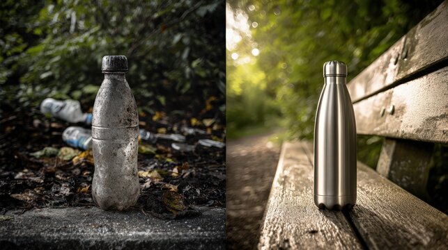 Comparison of a dirty plastic bottle in litter and a clean reusable metal bottle on a park bench