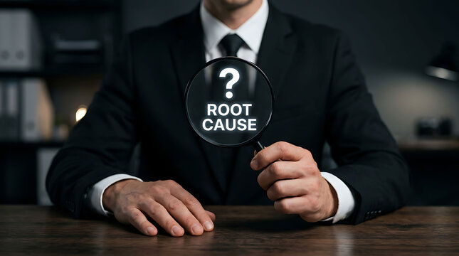 Businessman holding magnifying glass investigating root cause in office