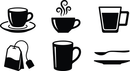 Obraz premium Black hot coffee cup icon set featuring brewing tea bag, espresso saucer, tall mug, breakfast spoon, and steaming cafe vector