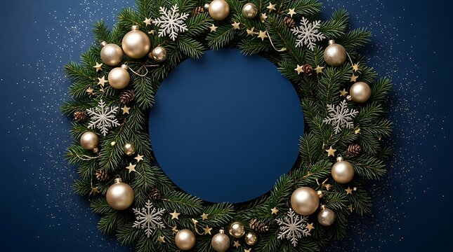 Decorative Christmas wreath made of pine branches with golden baubles and silver snowflakes on a dark blue background