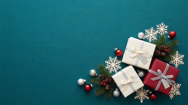 Flat lay composition of christmas gifts with festive decorations on a dark green background with copy space