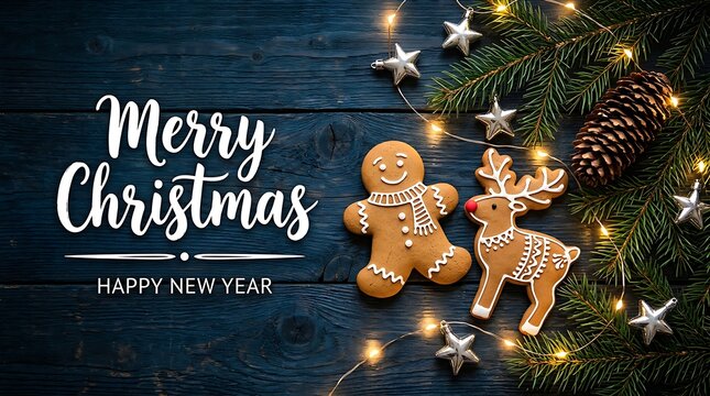 Merry Christmas and Happy New Year greeting card with gingerbread man and reindeer cookies on wooden background