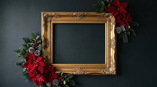 Ornate vintage gold picture frame decorated with christmas poinsettias and pine cones on dark background