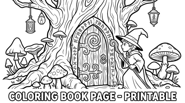 Detailed coloring page for children featuring a young wizard standing before a magical ancient tree door with glowing runes and hanging lanterns