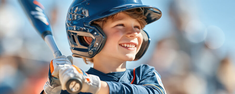 Smiling child baseball player wearing helmet and gripping bat during outdoor game with bright sunlight and blurred field background