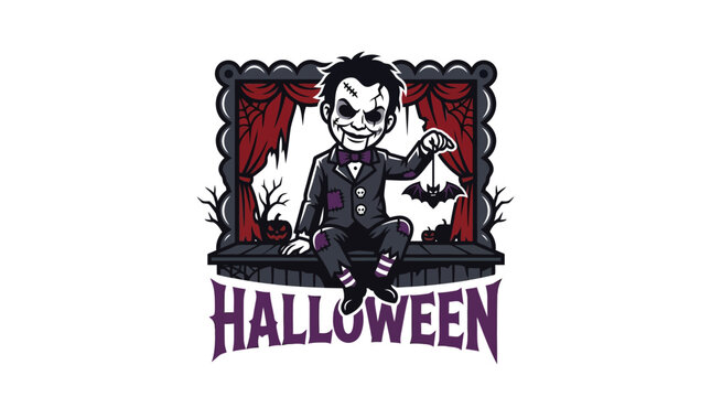 Creepy ventriloquist dummy character sitting on a stage holding a hanging bat toy with spooky Halloween typography below
