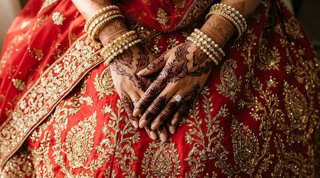 Bridal hands adorned with intricate henna and traditional gold jewelry clasping in a moment of cultural celebration.
