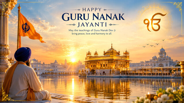 Sikh devotee praying at golden temple during sunset for guru nanak jayanti