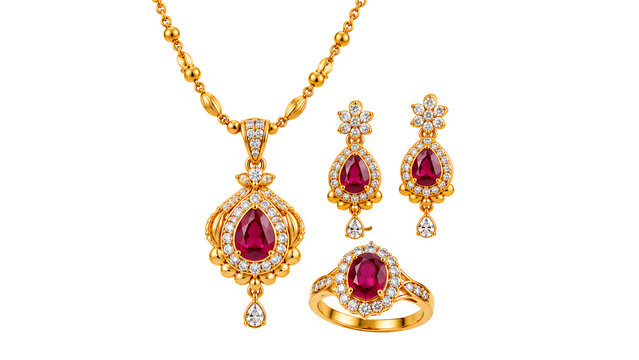 Traditional Indian bridal gold necklace and earrings jewelry set with red gemstones isolated on white background
