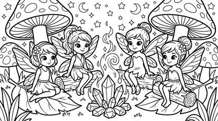 Fototapeta premium Four cute fairies sitting on logs around a magical crystal campfire under giant mushrooms and a starry night sky, black and white coloring page