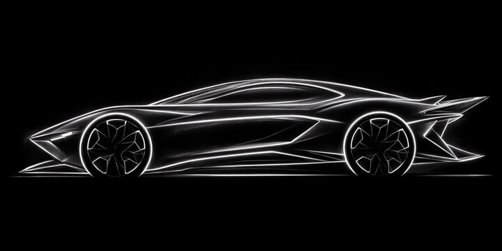 Futuristic hypercar sports car concept side profile with sleek metallic line art aesthetic