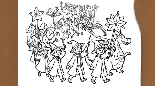 Group of young wizards in robes and hats holding wands and star lanterns with a friendly dragon, fantasy coloring page for children