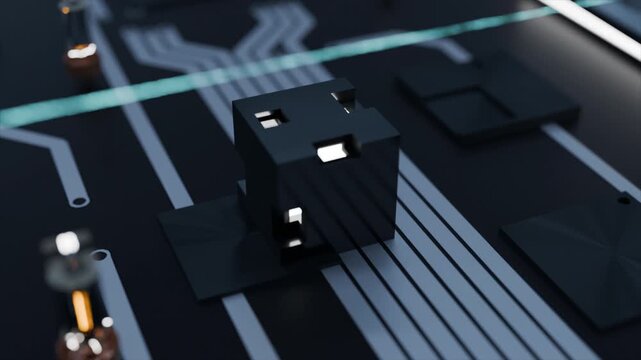 Futuristic processor surrounded by intricate electronic circuits, cooling fans, and glowing components on a high-tech motherboard, representing advanced computing, semiconductor technology,
