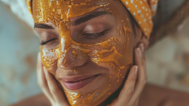 Relaxed woman with argan oil facial mask enjoying skincare routine for international day of argania spa background and beauty banner
