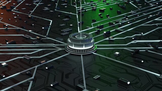 Futuristic circular computer processor surrounded by intricate circuitry and illuminated data pathways on a dark electronic motherboard, representing advanced computing, AI technology, semiconductor i
