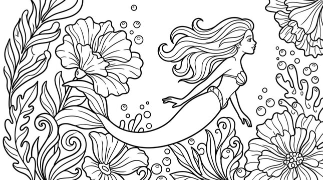 Mermaid swimming underwater among large flowers and seaweed, detailed black and white line coloring page for kids and adults