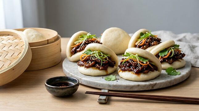 Delicious steamed bao buns with vegetable filling served on a stone plate with chopsticks. Mongolian lamb