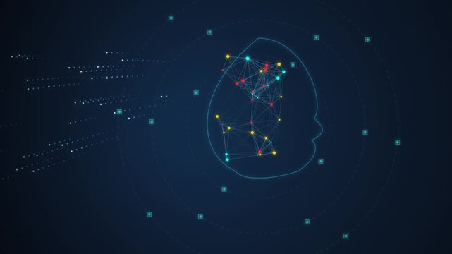 Artificial intelligence brain concept: digital neural network head profile with data particles and connectivity nodes