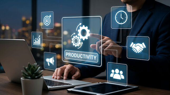 Businessman interacting with digital productivity and business workflow interface