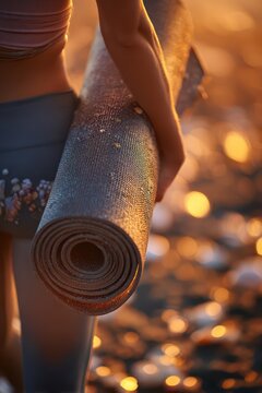 Woman carrying a wet yoga mat with sea bokeh and golden sunset pebbles for international day of yoga promotional banner and lifestyle background