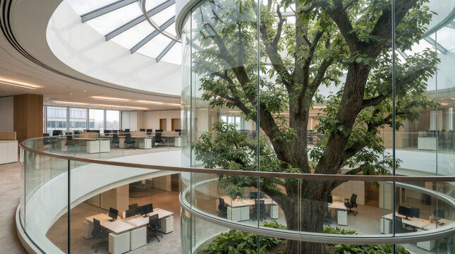 Open plan office interior featuring a mature oak tree preserved and encased inside a multi level structural glass cylinder
