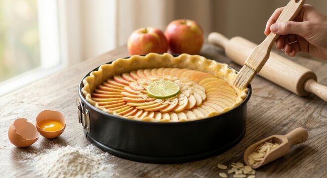 A person's hand brushing an egg wash over the crust of a homemade apple tart with sliced apples and lime in a springform pan on a rustic wooden table with baking ingredients and fresh fruits.