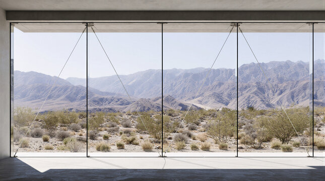 Desert mountain panorama framed through a structural glazing wall with 19mm laminated glass panels and stainless steel cable trusses