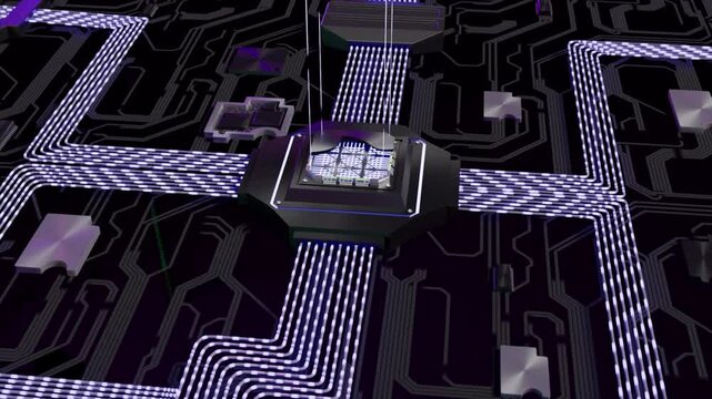 Close-up of a futuristic CPU processor socket featuring a grid of gold contacts, illuminated circuit pathways, and a dark high-tech motherboard design, representing advanced computing