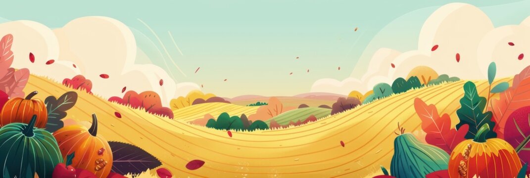 Wide autumn meadow banner background with pumpkins and rolling golden fields for fall seasonal poster and panoramic wallpaper design. Flat illustration. Copy space