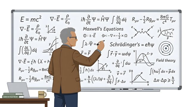 A physics professor writes complex mathematical equations on a whiteboard