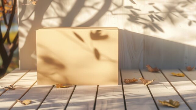 Brown parcel on wooden deck with soft leaf shadows and warm sunlight for autumn background and product delivery scene. Horizontal banner. Copy space. Mock-up for delivery service