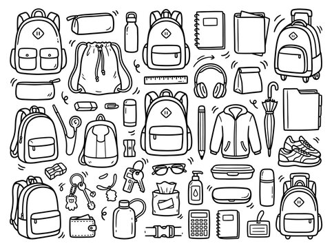Hand-drawn doodle set of school and travel backpacks, stationery, notebooks, and accessories in black and white