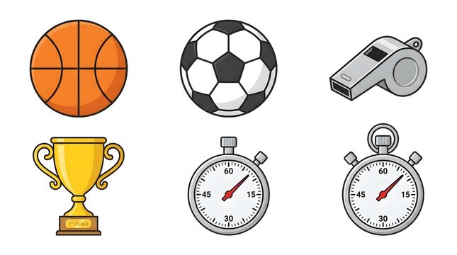 Set of colorful sports equipment icons including basketball soccer ball trophy whistle and stopwatches