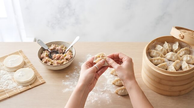 Dumpling making process from prep to steaming